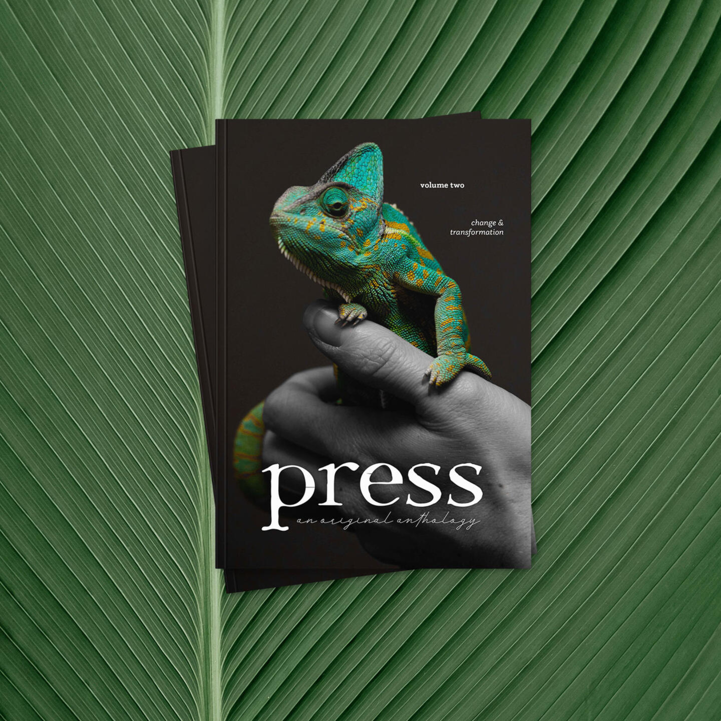 press volume two cover: a chameleon perching on someone's hand