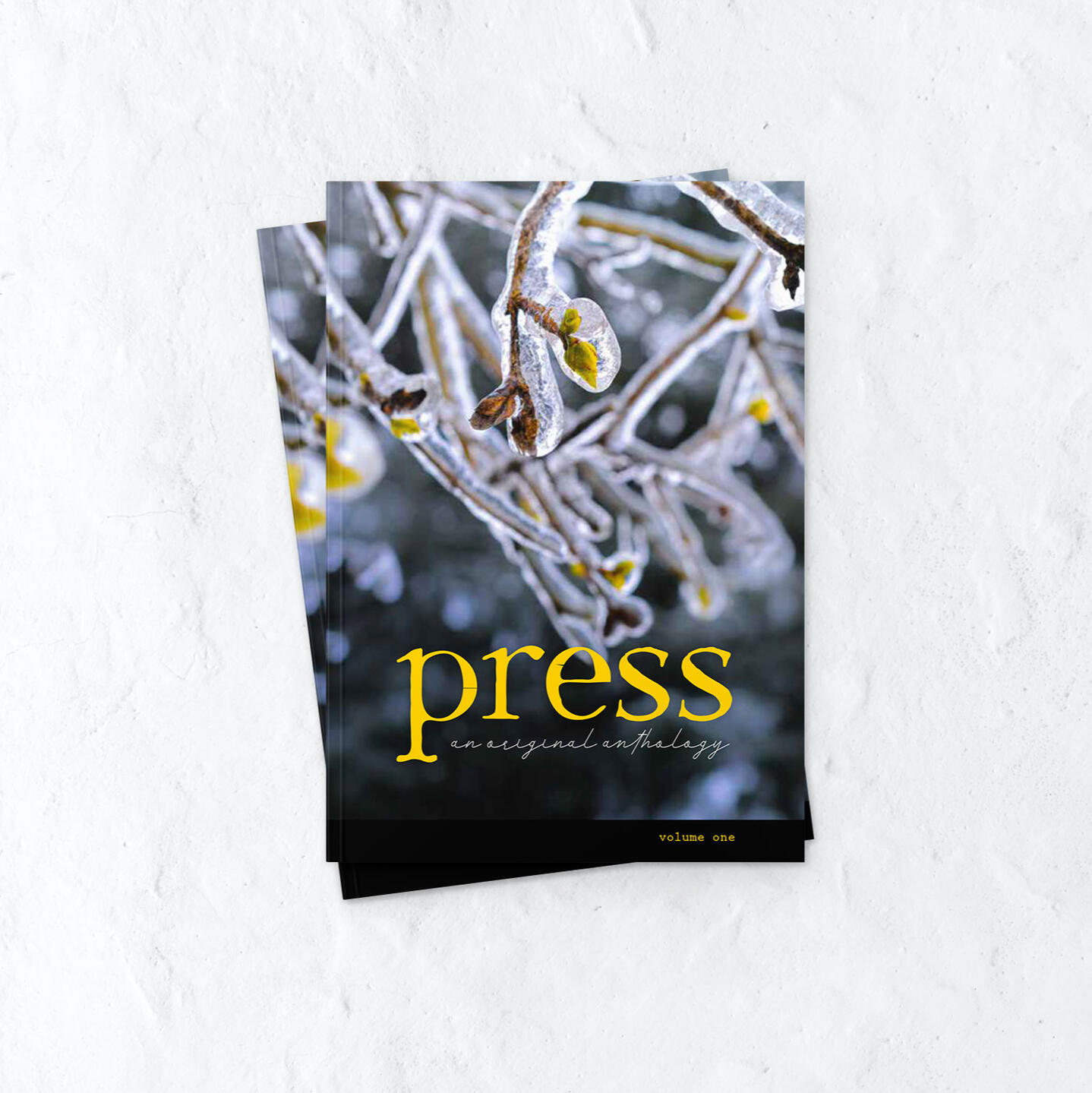 press volume one cover: tree buds encased in ice