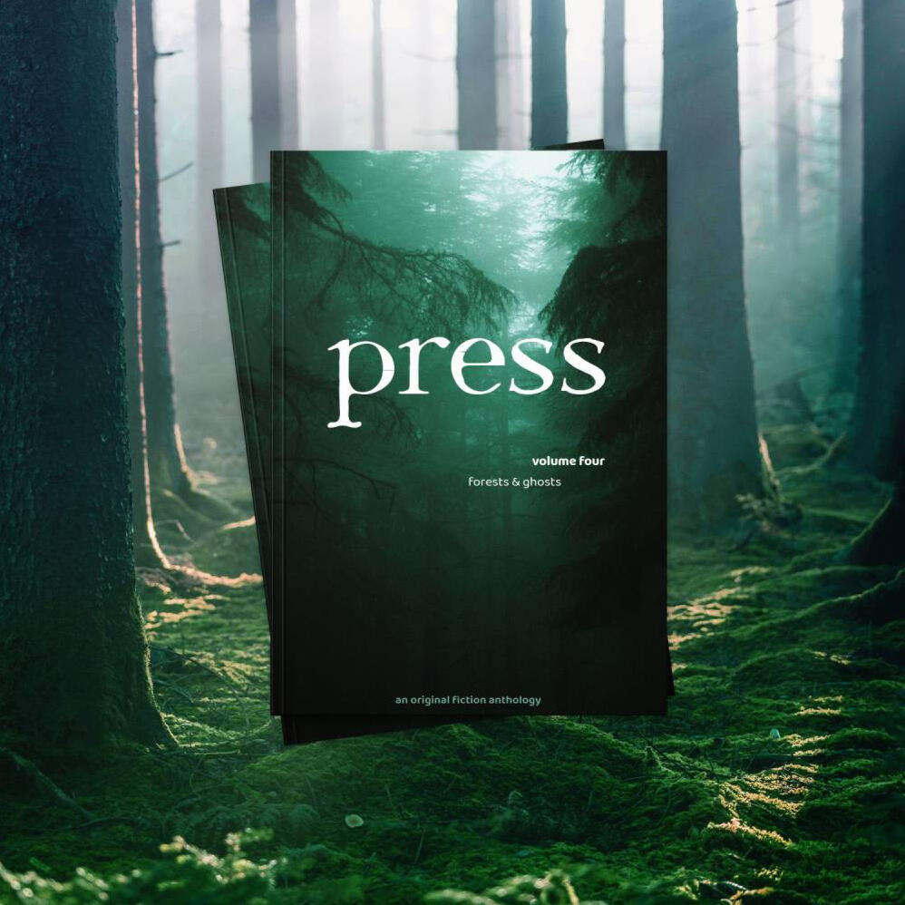 press volume four cover: a foggy forest with a green cast